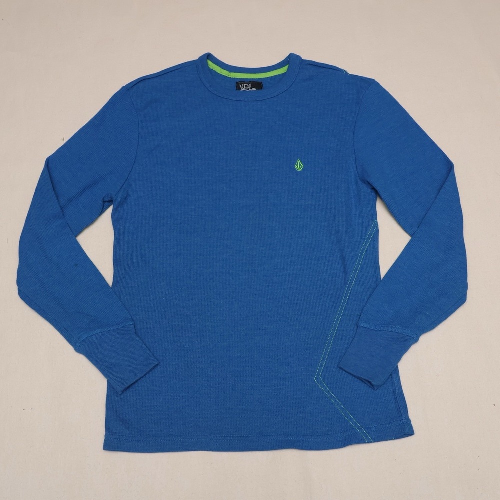 Volcom Thermal Shirt Mens Small Blue Green Logo Skate Long Sleeve Y2K Waffle